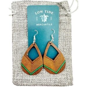 Retro Chevron Teardrop Earrings‎ Yellow & Green Cut-Out Wood NEW